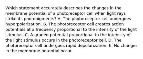 Which statement accurately describes the changes in the membrane potential of a photoreceptor cell when light rays strike its photopigments? A. The photoreceptor cell undergoes hyperpolarization. B. The photoreceptor cell creates action potentials at a frequency proportional to the intensity of the light stimulus. C. A graded potential proportional to the intensity of the light stimulus occurs in the photoreceptor cell. D. The photoreceptor cell undergoes rapid depolarization. E. No changes in the membrane potential occur.