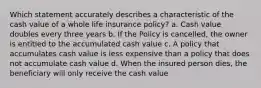 Which statement accurately describes a characteristic of the cash value of a whole life insurance policy? a. Cash value doubles every three years b. If the Policy is cancelled, the owner is entitled to the accumulated cash value c. A policy that accumulates cash value is less expensive than a policy that does not accumulate cash value d. When the insured person dies, the beneficiary will only receive the cash value