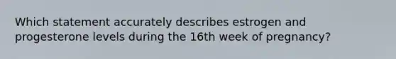 Which statement accurately describes estrogen and progesterone levels during the 16th week of pregnancy?