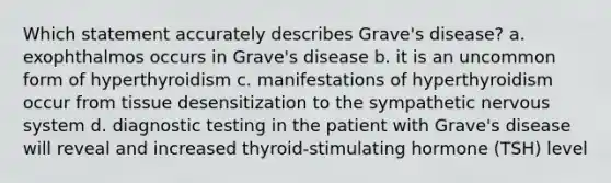 Which statement accurately describes Grave's disease? a. exophthalmos occurs in Grave's disease b. it is an uncommon form of hyperthyroidism c. manifestations of hyperthyroidism occur from tissue desensitization to the sympathetic nervous system d. diagnostic testing in the patient with Grave's disease will reveal and increased thyroid-stimulating hormone (TSH) level