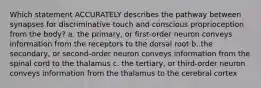 Which statement ACCURATELY describes the pathway between synapses for discriminative touch and conscious proprioception from the body? a. the primary, or first-order neuron conveys information from the receptors to the dorsal root b. the secondary, or second-order neuron conveys information from the spinal cord to the thalamus c. the tertiary, or third-order neuron conveys information from the thalamus to the cerebral cortex