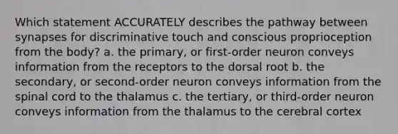 Which statement ACCURATELY describes the pathway between synapses for discriminative touch and conscious proprioception from the body? a. the primary, or first-order neuron conveys information from the receptors to the dorsal root b. the secondary, or second-order neuron conveys information from the spinal cord to the thalamus c. the tertiary, or third-order neuron conveys information from the thalamus to the cerebral cortex