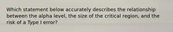 Which statement below accurately describes the relationship between the alpha level, the size of the critical region, and the risk of a Type I error?