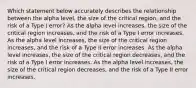 Which statement below accurately describes the relationship between the alpha level, the size of the critical region, and the risk of a Type I error? As the alpha level increases, the size of the critical region increases, and the risk of a Type I error increases. As the alpha level increases, the size of the critical region increases, and the risk of a Type II error increases. As the alpha level increases, the size of the critical region decreases, and the risk of a Type I error increases. As the alpha level increases, the size of the critical region decreases, and the risk of a Type II error increases.