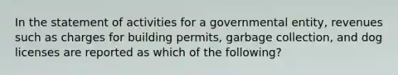 In the statement of activities for a governmental entity, revenues such as charges for building permits, garbage collection, and dog licenses are reported as which of the following?