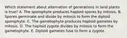 Which statement about alternation of generations in land plants is true? A. The sporophyte produces haploid spores by mitosis. B. Spores germinate and divide by mitosis to form the diploid sporophyte. C. The gametophyte produces haploid gametes by mitosis. D. The haploid zygote divides by mitosis to form the gametophyte. E. Diploid gametes fuse to form a zygote.