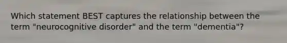 Which statement BEST captures the relationship between the term "neurocognitive disorder" and the term "dementia"?