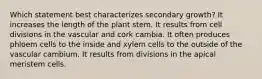 Which statement best characterizes secondary growth? It increases the length of the plant stem. It results from cell divisions in the vascular and cork cambia. It often produces phloem cells to the inside and xylem cells to the outside of the vascular cambium. It results from divisions in the apical meristem cells.