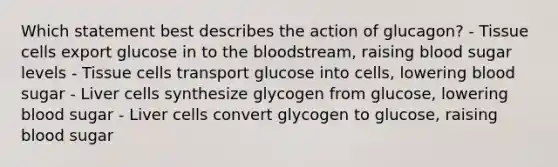 Which statement best describes the action of glucagon? - Tissue cells export glucose in to the bloodstream, raising blood sugar levels - Tissue cells transport glucose into cells, lowering blood sugar - Liver cells synthesize glycogen from glucose, lowering blood sugar - Liver cells convert glycogen to glucose, raising blood sugar