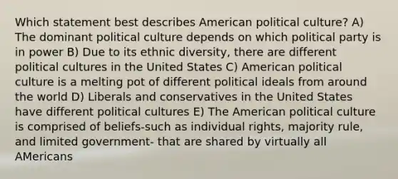 Which statement best describes American political culture? A) The dominant political culture depends on which political party is in power B) Due to its ethnic diversity, there are different political cultures in the United States C) American political culture is a melting pot of different political ideals from around the world D) Liberals and conservatives in the United States have different political cultures E) The American political culture is comprised of beliefs-such as individual rights, majority rule, and limited government- that are shared by virtually all AMericans