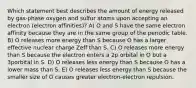 Which statement best describes the amount of energy released by gas-phase oxygen and sulfur atoms upon accepting an electron (electron affinities)? A) O and S have the same electron affinity because they are in the same group of the periodic table. B) O releases more energy than S because O has a larger effective nuclear charge Zeff than S. C) O releases more energy than S because the electron enters a 2p orbital in O but a 3porbital in S. D) O releases less energy than S because O has a lower mass than S. E) O releases less energy than S because the smaller size of O causes greater electron-electron repulsion.