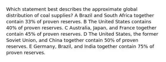 Which statement best describes the approximate global distribution of coal supplies? A Brazil and South Africa together contain 33% of proven reserves. B The United States contains 40% of proven reserves. C Australia, Japan, and France together contain 45% of proven reserves. D The United States, the former Soviet Union, and China together contain 50% of proven reserves. E Germany, Brazil, and India together contain 75% of proven reserves.