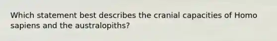 Which statement best describes the cranial capacities of Homo sapiens and the australopiths?