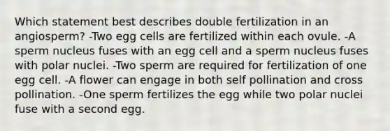 Which statement best describes double fertilization in an angiosperm? -Two egg cells are fertilized within each ovule. -A sperm nucleus fuses with an egg cell and a sperm nucleus fuses with polar nuclei. -Two sperm are required for fertilization of one egg cell. -A flower can engage in both self pollination and cross pollination. -One sperm fertilizes the egg while two polar nuclei fuse with a second egg.