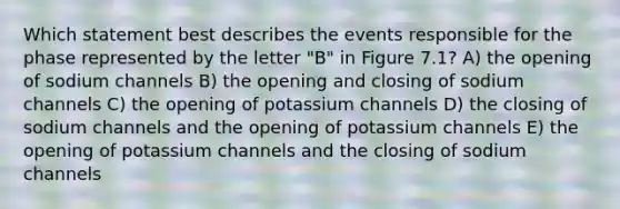 Which statement best describes the events responsible for the phase represented by the letter "B" in Figure 7.1? A) the opening of sodium channels B) the opening and closing of sodium channels C) the opening of potassium channels D) the closing of sodium channels and the opening of potassium channels E) the opening of potassium channels and the closing of sodium channels