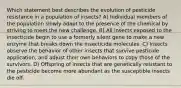 Which statement best describes the evolution of pesticide resistance in a population of insects? A) Individual members of the population slowly adapt to the presence of the chemical by striving to meet the new challenge. B) All insects exposed to the insecticide begin to use a formerly silent gene to make a new enzyme that breaks down the insecticide molecules. C) Insects observe the behavior of other insects that survive pesticide application, and adjust their own behaviors to copy those of the survivors. D) Offspring of insects that are genetically resistant to the pesticide become more abundant as the susceptible insects die off.