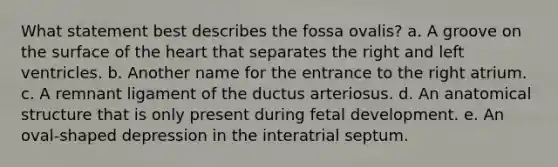 What statement best describes the fossa ovalis? a. A groove on the surface of the heart that separates the right and left ventricles. b. Another name for the entrance to the right atrium. c. A remnant ligament of the ductus arteriosus. d. An anatomical structure that is only present during fetal development. e. An oval-shaped depression in the interatrial septum.