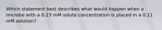 Which statement best describes what would happen when a microbe with a 0.23 mM solute concentration is placed in a 0.11 mM solution?