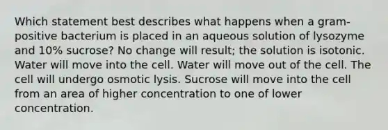 Which statement best describes what happens when a gram-positive bacterium is placed in an aqueous solution of lysozyme and 10% sucrose? No change will result; the solution is isotonic. Water will move into the cell. Water will move out of the cell. The cell will undergo osmotic lysis. Sucrose will move into the cell from an area of higher concentration to one of lower concentration.