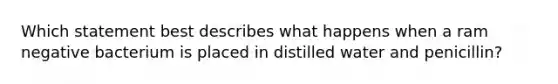 Which statement best describes what happens when a ram negative bacterium is placed in distilled water and penicillin?