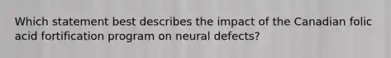 Which statement best describes the impact of the Canadian folic acid fortification program on neural defects?