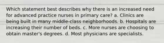 Which statement best describes why there is an increased need for advanced practice nurses in primary care? a. Clinics are being built in many middle-class neighborhoods. b. Hospitals are increasing their number of beds. c. More nurses are choosing to obtain master's degrees. d. Most physicians are specialists.