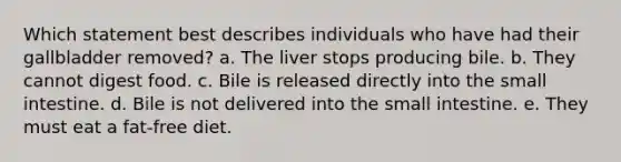 Which statement best describes individuals who have had their gallbladder removed?​ a. ​The liver stops producing bile. b. ​They cannot digest food. c. ​Bile is released directly into the small intestine. d. ​Bile is not delivered into the small intestine. e. They must eat a fat-free diet.​