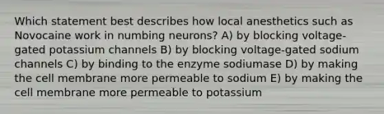 Which statement best describes how local anesthetics such as Novocaine work in numbing neurons? A) by blocking voltage-gated potassium channels B) by blocking voltage-gated sodium channels C) by binding to the enzyme sodiumase D) by making the cell membrane more permeable to sodium E) by making the cell membrane more permeable to potassium