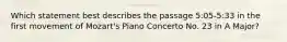 Which statement best describes the passage 5:05-5:33 in the first movement of Mozart's Piano Concerto No. 23 in A Major?