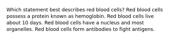 Which statement best describes red blood cells? Red blood cells possess a protein known as hemoglobin. Red blood cells live about 10 days. Red blood cells have a nucleus and most organelles. Red blood cells form antibodies to fight antigens.