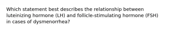 Which statement best describes the relationship between luteinizing hormone (LH) and follicle-stimulating hormone (FSH) in cases of dysmenorrhea?