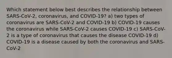 Which statement below best describes the relationship between SARS-CoV-2, coronavirus, and COVID-19? a) two types of coronavirus are SARS-CoV-2 and COVID-19 b) COVID-19 causes the coronavirus while SARS-CoV-2 causes COVID-19 c) SARS-CoV-2 is a type of coronavirus that causes the disease COVID-19 d) COVID-19 is a disease caused by both the coronavirus and SARS-CoV-2