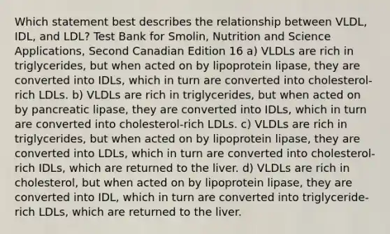 Which statement best describes the relationship between VLDL, IDL, and LDL? Test Bank for Smolin, Nutrition and Science Applications, Second Canadian Edition 16 a) VLDLs are rich in triglycerides, but when acted on by lipoprotein lipase, they are converted into IDLs, which in turn are converted into cholesterol-rich LDLs. b) VLDLs are rich in triglycerides, but when acted on by pancreatic lipase, they are converted into IDLs, which in turn are converted into cholesterol-rich LDLs. c) VLDLs are rich in triglycerides, but when acted on by lipoprotein lipase, they are converted into LDLs, which in turn are converted into cholesterol-rich IDLs, which are returned to the liver. d) VLDLs are rich in cholesterol, but when acted on by lipoprotein lipase, they are converted into IDL, which in turn are converted into triglyceride-rich LDLs, which are returned to the liver.