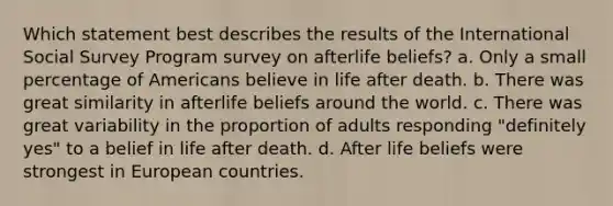 Which statement best describes the results of the International Social Survey Program survey on afterlife beliefs? a. Only a small percentage of Americans believe in life after death. b. There was great similarity in afterlife beliefs around the world. c. There was great variability in the proportion of adults responding "definitely yes" to a belief in life after death. d. After life beliefs were strongest in European countries.