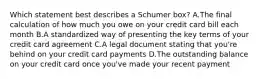 Which statement best describes a Schumer box? A.The final calculation of how much you owe on your credit card bill each month B.A standardized way of presenting the key terms of your credit card agreement C.A legal document stating that you're behind on your credit card payments D.The outstanding balance on your credit card once you've made your recent payment