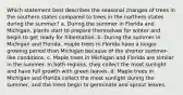 Which statement best describes the seasonal changes of trees in the southern states compared to trees in the northern states during the summer? a. During the summer in Florida and Michigan, plants start to prepare themselves for winter and begin to get ready for hibernation. b. During the summer in Michigan and Florida, maple trees in Florida have a longer growing period than Michigan because of the shorter summer-like conditions. c. Maple trees in Michigan and Florida are similar in the summer. In both regions, they collect the most sunlight and have full growth with green leaves. d. Maple trees in Michigan and Florida collect the most sunlight during the summer, and the trees begin to germinate and sprout leaves.