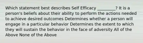 Which statement best describes Self Efficacy _________? It is a person's beliefs about their ability to perform the actions needed to achieve desired outcomes Determines whether a person will engage in a particular behavior Determines the extent to which they will sustain the behavior in the face of adversity All of the Above None of the Above