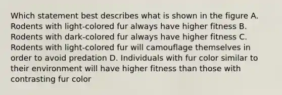 Which statement best describes what is shown in the figure A. Rodents with light-colored fur always have higher fitness B. Rodents with dark-colored fur always have higher fitness C. Rodents with light-colored fur will camouflage themselves in order to avoid predation D. Individuals with fur color similar to their environment will have higher fitness than those with contrasting fur color