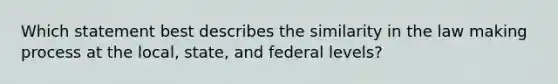 Which statement best describes the similarity in the law making process at the local, state, and federal levels?