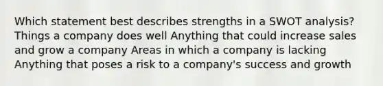 Which statement best describes strengths in a SWOT analysis? Things a company does well Anything that could increase sales and grow a company Areas in which a company is lacking Anything that poses a risk to a company's success and growth