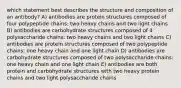 which statement best describes the structure and composition of an antibody? A) antibodies are protein structures composed of four polypeptide chains: two heavy chains and two light chains B) antibodies are carbohydrate structures composed of 4 polysaccharide chains: two heavy chains and two light chains C) antibodies are protein structures composed of two polypeptide chains: one heavy chain and one light chain D) antibodies are carbohydrate structures composed of two polysaccharide chains: one heavy chain and one light chain E) antibodies are both protein and carbohydrate structures with two heavy protein chains and two light polysaccharide chains