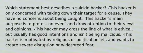 Which statement best describes a suicide hacker? -This hacker is only concerned with taking down their target for a cause. They have no concerns about being caught. -This hacker's main purpose is to protest an event and draw attention to their views and opinions. -This hacker may cross the line of what is ethical, but usually has good intentions and isn't being malicious. -This hacker is motivated by religious or political beliefs and wants to create severe disruption or widespread fear.