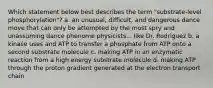 Which statement below best describes the term "substrate-level phosphorylation"? a. an unusual, difficult, and dangerous dance move that can only be attempted by the most spry and unassuming dance phenome physicists... like Dr. Rodriguez b. a kinase uses and ATP to transfer a phosphate from ATP onto a second substrate molecule c. making ATP in an enzymatic reaction from a high energy substrate molecule d. making ATP through the proton gradient generated at the electron transport chain