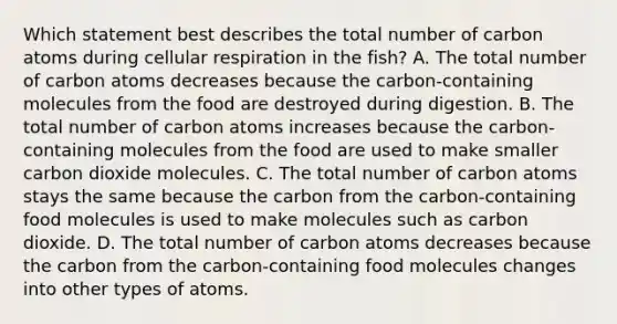 Which statement best describes the total number of carbon atoms during cellular respiration in the fish? A. The total number of carbon atoms decreases because the carbon-containing molecules from the food are destroyed during digestion. B. The total number of carbon atoms increases because the carbon-containing molecules from the food are used to make smaller carbon dioxide molecules. C. The total number of carbon atoms stays the same because the carbon from the carbon-containing food molecules is used to make molecules such as carbon dioxide. D. The total number of carbon atoms decreases because the carbon from the carbon-containing food molecules changes into other types of atoms.