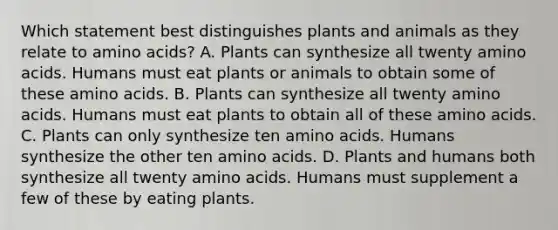 Which statement best distinguishes plants and animals as they relate to amino acids? A. Plants can synthesize all twenty amino acids. Humans must eat plants or animals to obtain some of these amino acids. B. Plants can synthesize all twenty amino acids. Humans must eat plants to obtain all of these amino acids. C. Plants can only synthesize ten amino acids. Humans synthesize the other ten amino acids. D. Plants and humans both synthesize all twenty amino acids. Humans must supplement a few of these by eating plants.