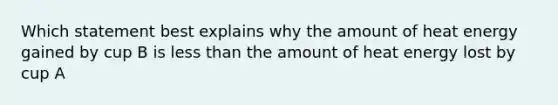 Which statement best explains why the amount of heat energy gained by cup B is less than the amount of heat energy lost by cup A