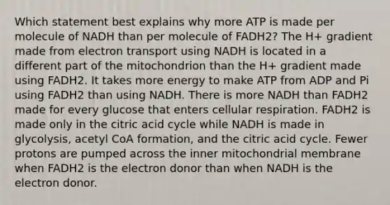 Which statement best explains why more ATP is made per molecule of NADH than per molecule of FADH2? The H+ gradient made from electron transport using NADH is located in a different part of the mitochondrion than the H+ gradient made using FADH2. It takes more energy to make ATP from ADP and Pi using FADH2 than using NADH. There is more NADH than FADH2 made for every glucose that enters cellular respiration. FADH2 is made only in the citric acid cycle while NADH is made in glycolysis, acetyl CoA formation, and the citric acid cycle. Fewer protons are pumped across the inner mitochondrial membrane when FADH2 is the electron donor than when NADH is the electron donor.