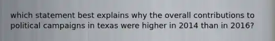 which statement best explains why the overall contributions to political campaigns in texas were higher in 2014 than in 2016?