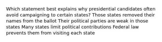 Which statement best explains why presidential candidates often avoid campaigning to certain states? Those states removed their names from the ballot Their political parties are weak in those states Many states limit political contributions Federal law prevents them from visiting each state