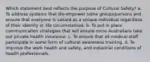 Which statement best reflects the purpose of Cultural Safety? a. To address systems that dis-empower some groups/persons and ensure that everyone is valued as a unique individual regardless of their identity or life circumstances. b. To put in place communication strategies that will ensure more Australians take out private health insurance. c. To ensure that all medical staff participate in some form of cultural awareness training. d. To improve the work health and safety, and industrial conditions of health professionals.